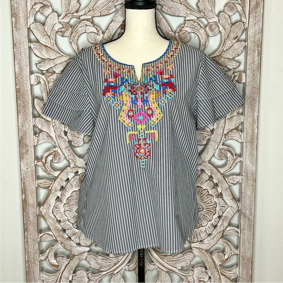 Calessa Tops - EUC Calessa Blue and White Striped Flutter Sleeve Embroidered Blouse Sz PM